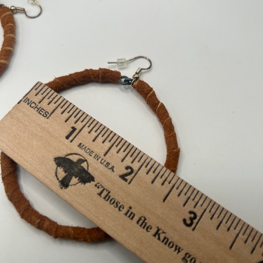 Vintage Boho Leather Brown Wrapped Hoop Earrings Handmade​​​ - Picture 4 of 7